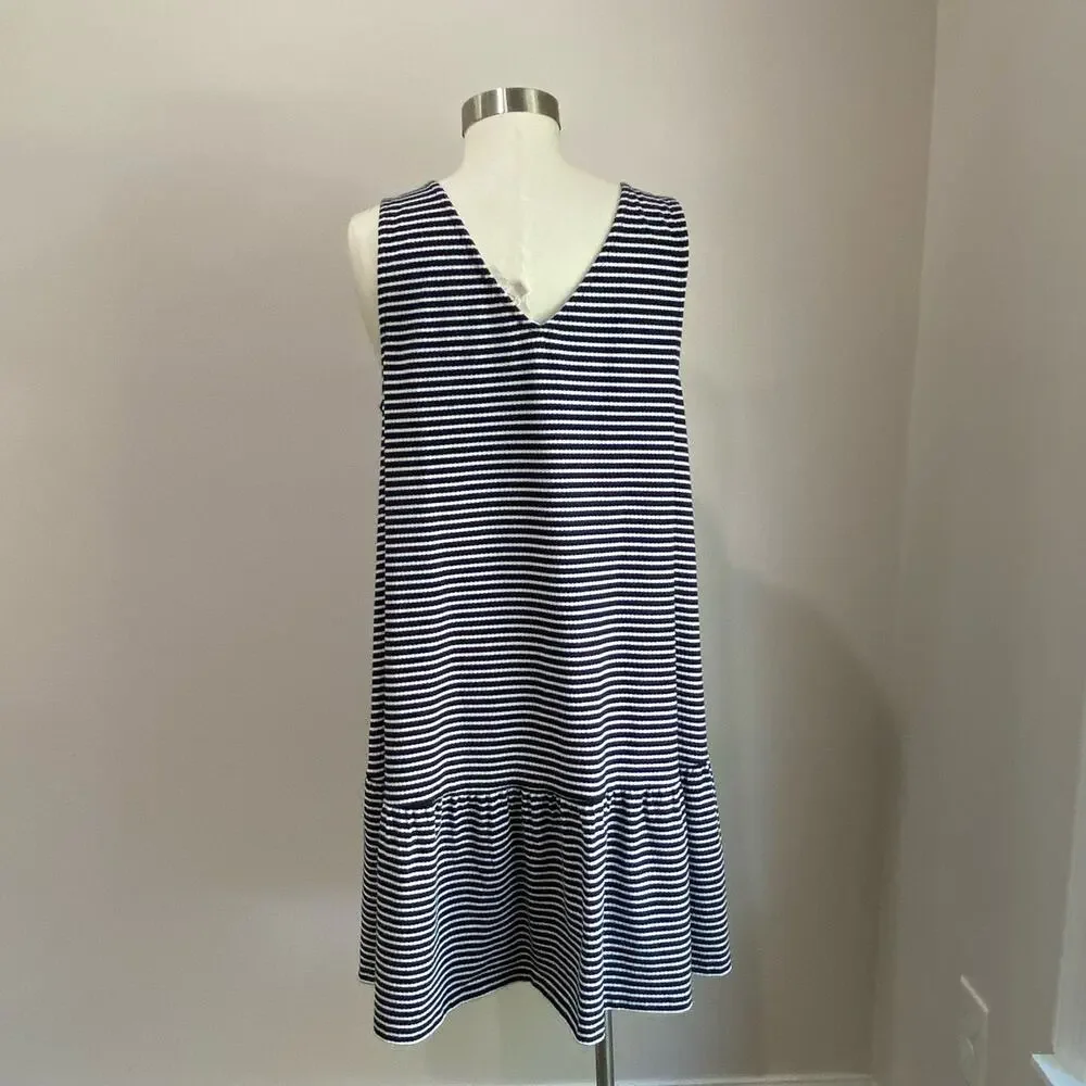 Loft Stripes Navy Blue & White Lightweight Double V Flounce Dress Sz Large - Picture 9 of 13